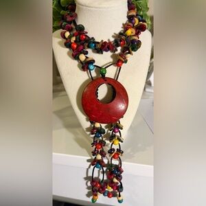 Colorful Beaded Necklace with Red Pendant